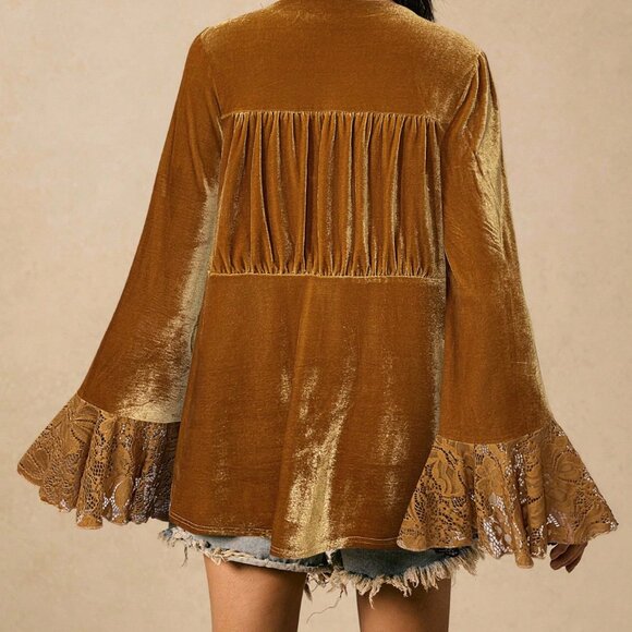 Yellow Boho Women's V-Neck Rose Lace Patchwork Jacket - Picture 2 of 7